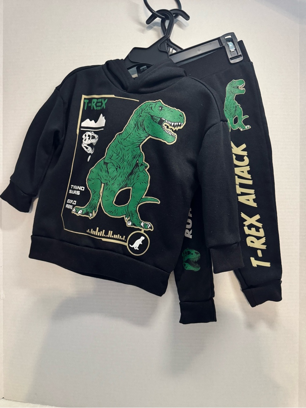 Kids T-Rex Graphic Hoodie & Joggers Set - Black/Green
